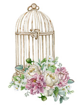 Watercolor White Rustic Birdcage With Blooming Spring Flowers And Green Leaves. Watercolor Hand Drawn Illustration. White And Pink Peonies Flower Bouquet. Vintage Style.