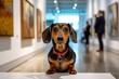 Medium shot portrait photography of a curious dachshund being at an art gallery against public plazas and squares background. With generative AI technology