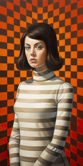 Poster - A painting of a woman standing in front of a checkered wall. Generative AI.