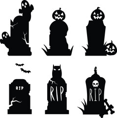 Wall Mural - Set of 6 Tombstone Clipart Vector Silhouettes for Halloween Design