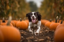 Full-length Portrait Photography Of A Happy English Springer Spaniel Running Against Pumpkin Patches Background. With Generative AI Technology