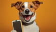 Happy smiling smart dog holding smartphone solid color background. Ai generated image 