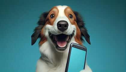 Wall Mural - Happy smiling smart dog holding smartphone solid color background. Ai generated image 