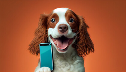 Wall Mural - Happy smiling smart dog holding smartphone solid color background. Ai generated image 