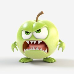Wall Mural - An illustration of a scary apple cartoon character with big eyes and an angry expression - AI generative. Perfect for children's illustrations and designs