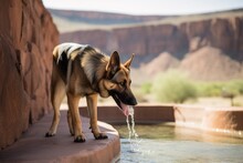 Full-length Portrait Photography Of A Curious German Shepherd Drinking From A Water Fountain Against Gorges And Canyons Background. With Generative AI Technology