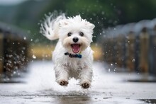 Lifestyle Portrait Photography Of A Happy Maltese Playing In The Rain Against Dams And Reservoirs Background. With Generative AI Technology