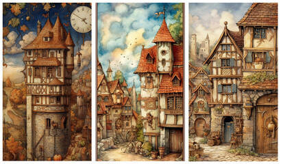 Wall Mural - Watercolour fantasy illustrations of old medieval castle and buildings. Greeting cards or envelopes project print. Set no 11.