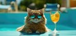 a cat wearing sunglasses next to a drink in a swimming poo Generative AI