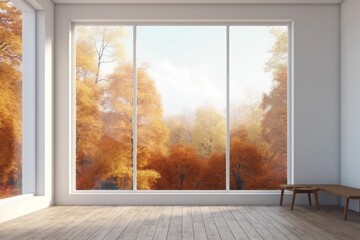 Poster - interior with large window and autumn landscape, Generative AI illustration