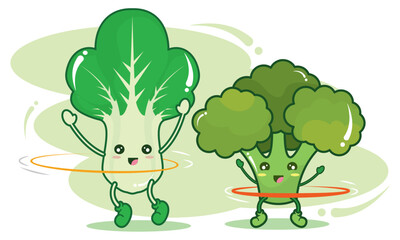 Canvas Print - Cute spinach and broccoli vegetables playing together Vector