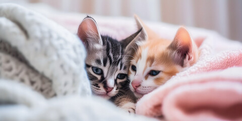 Wall Mural - Very cute kittens sleeping in woolen blankets, soft focus, dreamy atmosphere, adorable animals - generative AI