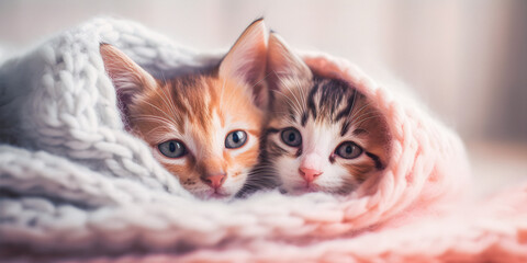 Wall Mural - Very cute kittens relaxing in woolen blankets, soft focus, dreamy atmosphere, adorable animals - generative AI