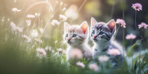 Wall Mural - Very cute kittens looking curious, dreamy atmosphere, soft focus, copy space, adorable animals - generative AI