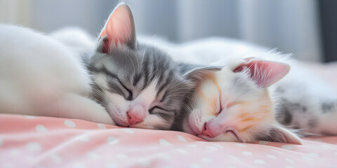 Wall Mural - Very cute kittens sleeping in woolen blankets, soft focus, dreamy atmosphere, adorable animals - generative AI