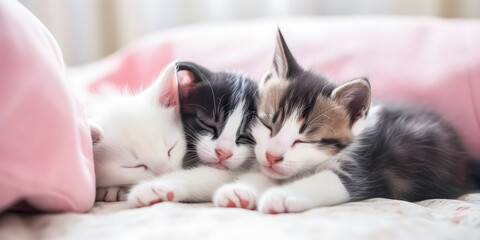 Wall Mural - Very cute kittens sleeping in woolen blankets, soft focus, dreamy atmosphere, adorable animals - generative AI