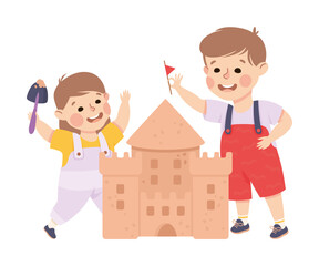 Sticker - Happy girl and boy building sandcastle. Joyful elder brother and little sister playing together cartoon vector illustration