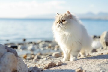Lifestyle portrait photography of a curious persian cat exploring against a beach background. With generative AI technology