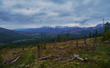 Panorama of snowy Tatra mountains in spring, south Poland