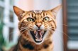Lifestyle portrait photography of a curious bengal cat growling against a pastel or soft colors background. With generative AI technology