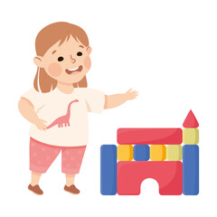 Sticker - Joyful little girl building castle out of toy blocks. Happy smiling kid playing toys cartoon vector illustration