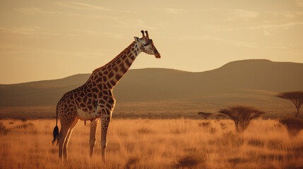 Marvel at the elegance of a solitary giraffe, its slender frame blending seamlessly with the vast savannah landscape, a true icon of Africa's untamed wilderness.