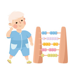 Joyful little boy counting on wooden abacus. Happy kid playing toys cartoon vector illustration