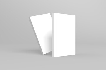 2 softcover book mockups are standing on a gray background, designed with 3D render visual effects that are indistinguishable from reality. A mockup, with flashy white covers resembling a real book.