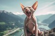 Environmental portrait photography of a smiling sphynx cat meowing against a scenic mountain view. With generative AI technology