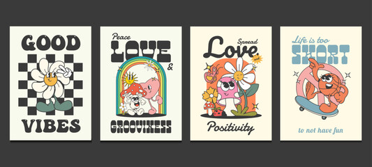 groovy  hippie 70s posters with positive quotes, vector illustration
