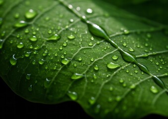 Close up of Fresh Green Leaf with Dew Water Drops After Rain. Generative AI.