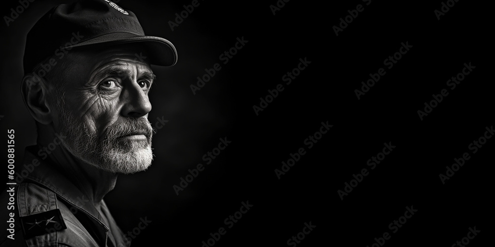 Black and white photorealistic studio portrait of a military veteran on ...