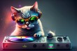cool dj cat listening to music with headphones on and sunglasses