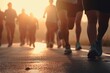© iryna - Legs runner group running on sunset seaside trail, Generative AI
