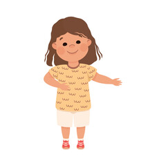 Poster - Smiling little girl in casual outfit giving presentation vector illustration