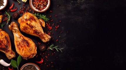 Dark banner background with grilled chicken legs and spices. Top view. Copy space place. Ai generated