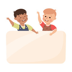 Sticker - Two cheerful little boys standing behind white blank banner, board, placard cartoon vector illustration