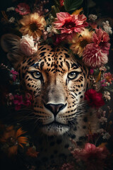 Tiger portrait with colorful flowers and leaves.  Big cat creative animal portrait. Generative Ai