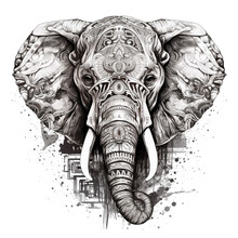 Creative Portrait Of A Elephant In Tattoostyle With Indian Patterns In The Design Included In The Calculation In Black And White