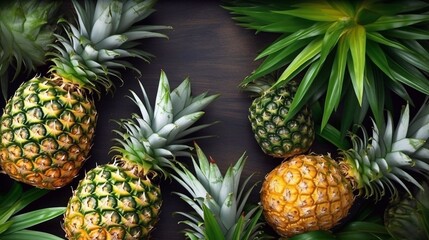  Fresh pineapple on dark wooden background.Top view. Free copy space. AI generated