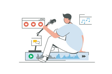Aufkleber - Podcast streaming outline web concept with character scene. Man speaking in microphone, recording audio. People situation in flat line design. Vector illustration for social media marketing material.
