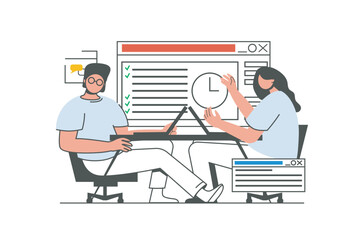 Wall Mural - Office work outline web concept with character scene. Man and woman brainstorming, discussing, do tasks. People situation in flat line design. Vector illustration for social media marketing material.