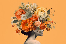 Collage Flower Bouquet On Woman's Head, Generative Ai
