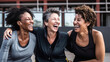A Diverse Group of Three Smiling, Laughing, Happy Active Middle-Aged Women. Three Physically Fit Women in Their Forties or Fifties Having Fun After Physical Activity. Generative Ai