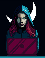 Canvas Print - Hacker with computer. Hooded girl with laptop under the moonlight. Hacking connection. Steal information and spread it online