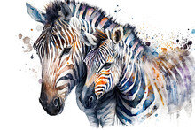 Watercolor Colorful Portrait Splatter Painting Of Zebra Mother With Baby. AI Generative. Isolated On White Background