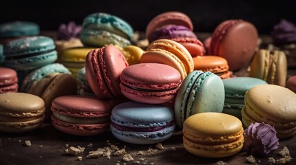 Wall Mural - Colorful French macaroon cookies on dark  background. Top view, selective focus. AI generated