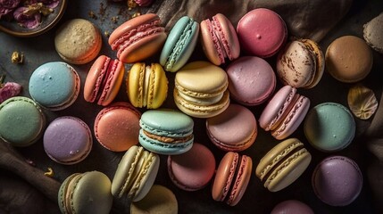 Wall Mural - Colorful French macaroon cookies on dark  background. Top view, selective focus. AI generated