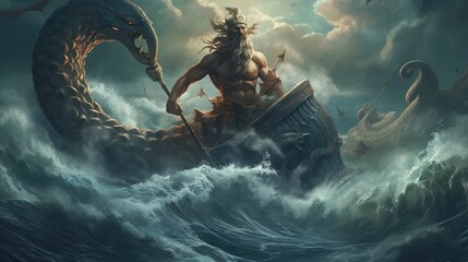 Wall Mural - Poseidon, the Fierce Deity of the Seas and Weather in Greek Mythology by Generative AI