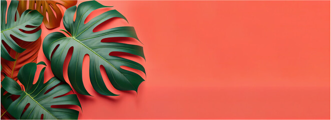 Philodendron summer tropical leaves on coral colour background. Generative ai.